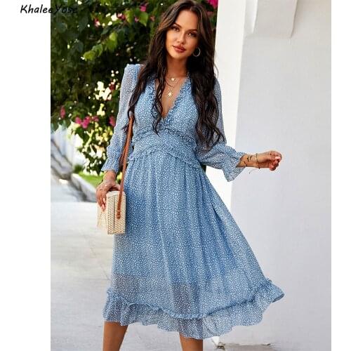 KHALEE YOSE Chiffon Floral Boho Midi Dress Vintage Spring Long Sleeve Holiday Dresses for Women Ruffles Ladies Female Dress 2021