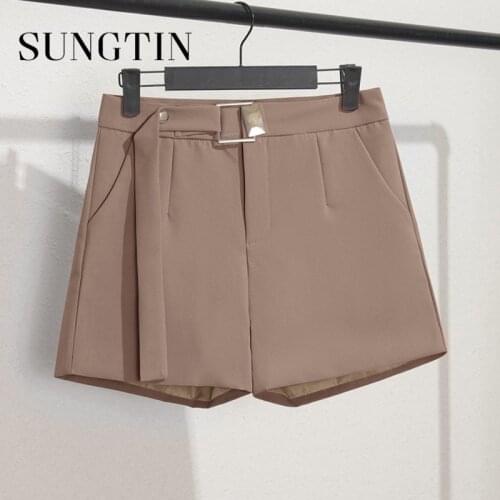 Sungtin Korean Womens Shorts Office Lady High Waist Shorts Summer 2021 Sashes Casual Solid Wide Leg Short Pants Fashion Korean