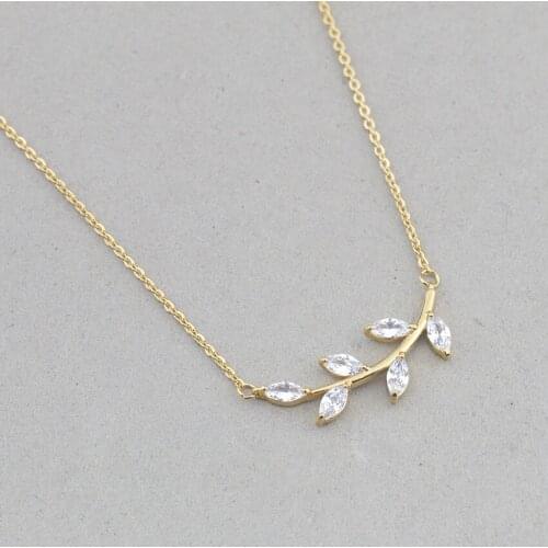 Sparkling Crystal Leaf Zircon Branch Pendants Necklaces For Women Jewelry Stainless Steel Gold Color Charm Chain Collar Chocker