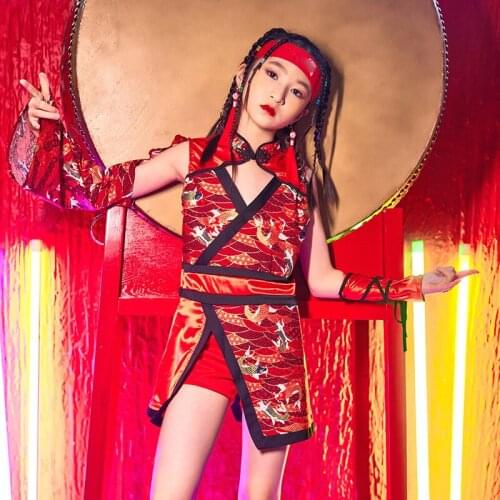 2021 Street Dance Wear Red Outfits Chinese Style Ballroom Hip Hop Clothing For Girls Children Jazz Performance Costumes DN9843