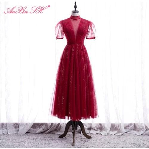 AnXin SH princess wine red lace evening dress vintage party o neck short sleeve a line sparkly little bow bride evening dress