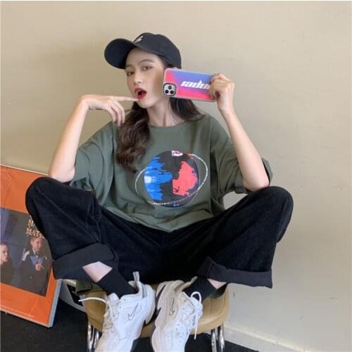 Summer loose hedging planet print short-sleeved T-shirt all-match casual college style jacket women