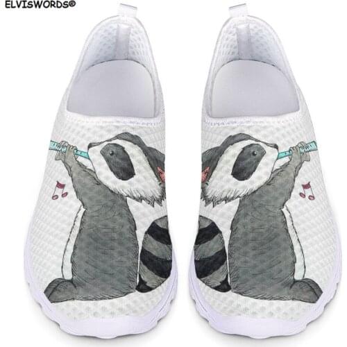 ELVISWORDS Lovely Raccoon Pattern Flats Womens Sneakers Light Mesh Walking Shoes for Girls Casual Summer Slip on Female Loafers