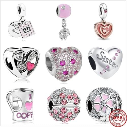 New 925 Sterling Silver Coffee Elephant Pendant Pink Heart Clip Charm bead Fit Original Pandora Bracelet DIY Jewelry For Women