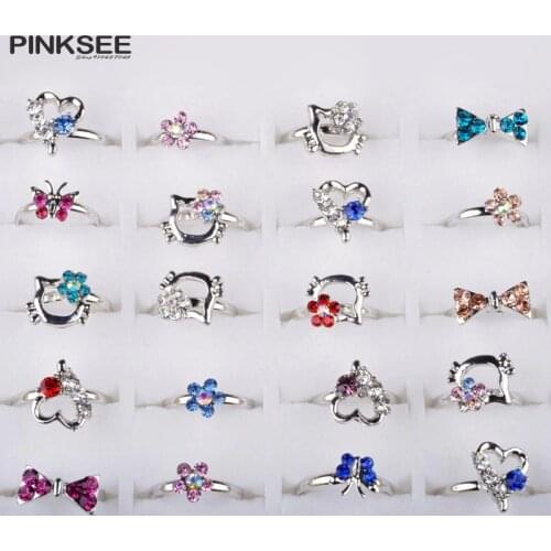 10pcs/lot Childrens Crystal Rings Butterfly Flower Heart Bow Design Metal Alloy Ring Mix Finger Jewellery Rings Kid Girls Toys