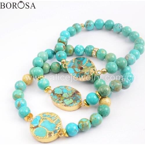 BOROSA 3PCS Natural Stones Bracelet Gold-color Turquoises Charms Elastic Bracelet Women Bracelets G1719