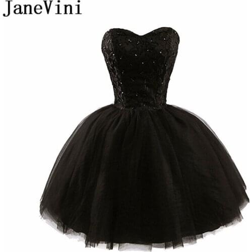 JaneVini Black Short Bridesmaid Dresses Tulle A-Line Beading Lace-up Back Knee-Length Wedding Guest Party Gowns Prom Wear 2018