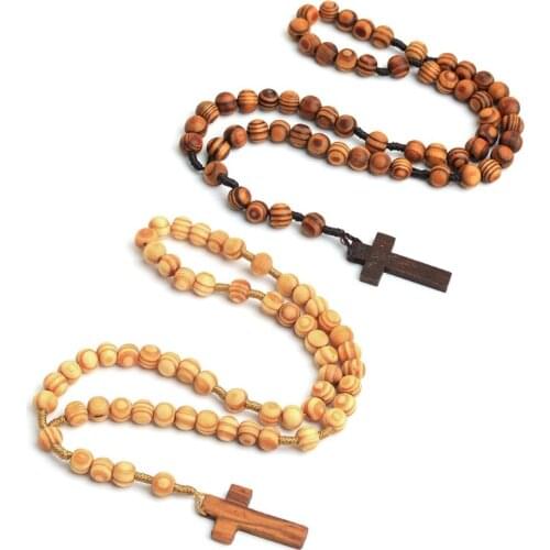 Wooden Grain Beads Jesus Cross Rosary Necklace Carved Rosary Pendant Christian Jewelry Necklace Harajuku Style Punk