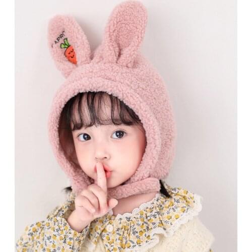 Children 's Cute Rabbit Hat Girl 's Autumn and Winter Plush Warm Hat Cartoon Windproof Ear Cap + Bib Suit 2- 4 Years Old