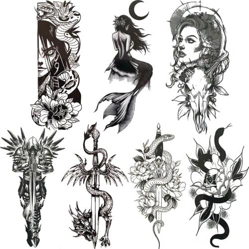 Harajuku Fake Temporary Tattoo For Women Men Gladiator Mermaid Dragon Tattoos Sticker Chest Back Sword Snake Fower Tatoos Sheets