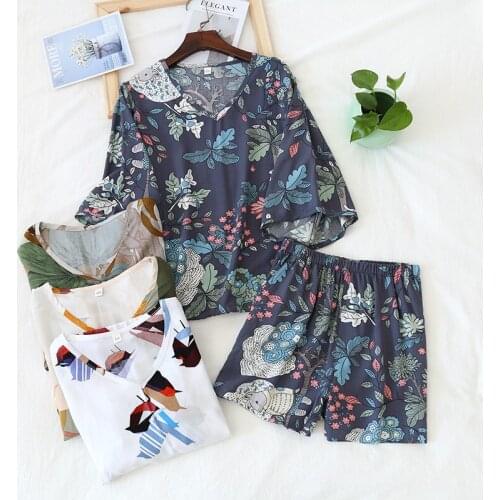 Cotton pajamas V-neck shorts suit summer thin section cool Japanese and Korean household clothes loose printed pijamas 2020 new