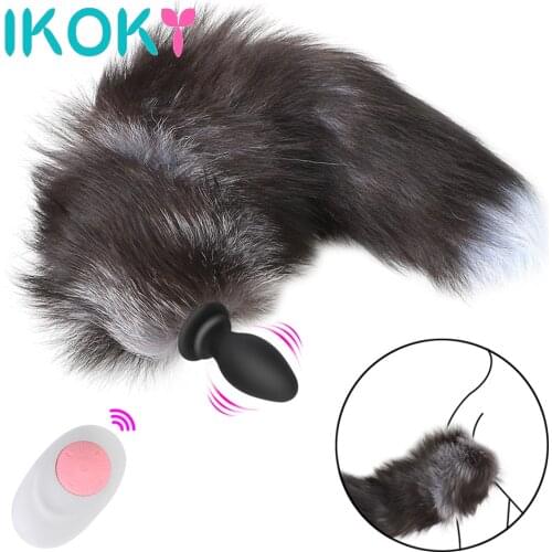 IKOKY Fox Tail Anal Plug Vibrator Remote Control Cosplay Vibrating Butt Plug Anus Dilator 10 Frequency Sex Toys For Couples
