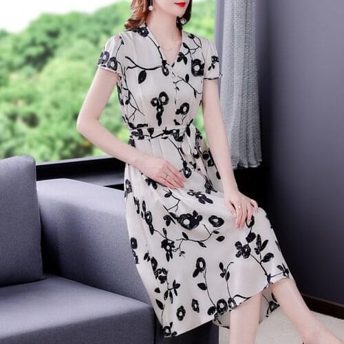 Summer Dress Women Short Sleeve Flroal Printed Vintage Dress High Waistt Long Strap V-neck Mid-calf Dresses Vestidos Sundress OL