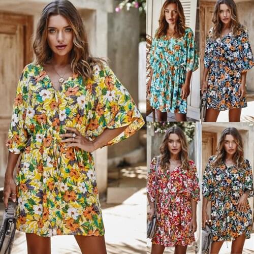 Fashion Cotton Print Element Beach Style Womens 2020 Spring Sexy V-neck Mid-sleeve Dress Women Casual Loose Plus Size Dress
