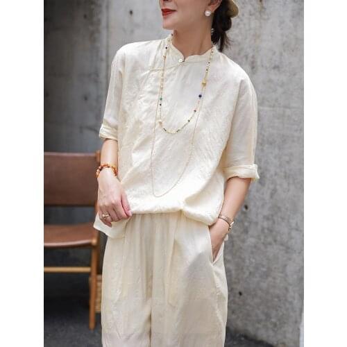 Malin spring 2021 new product limited quantity tussah silk slightly wrinkled texture light and thin Raglan seven point sleeve