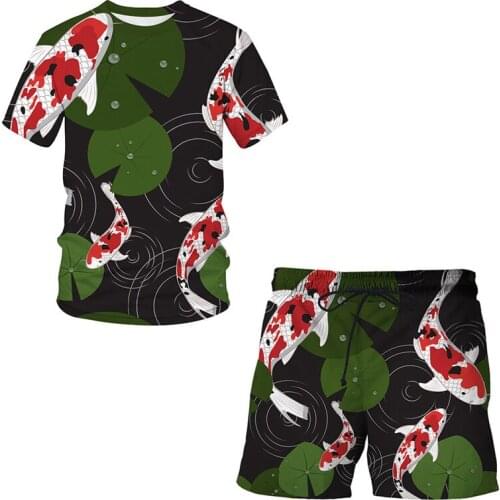 Summer 2021 new childrens 3D koi carp printing suit pattern T shirt short sleeve + casual shorts Streetwear Men clothing