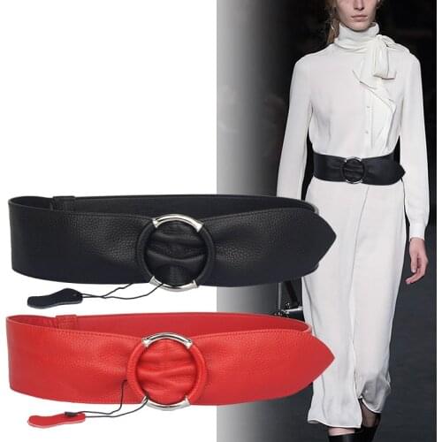 NEW Women’s Elastic cummerbunds Stretch Wide Waistband Wrapped silver Circle Buckle genuine leather soft cow solid leather belts