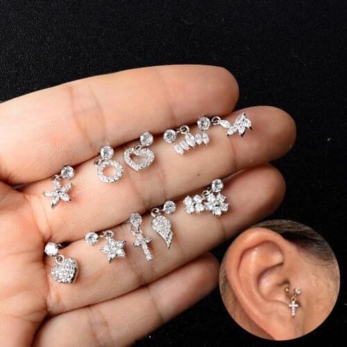 New Tragus Helix Piercing Ear Plugs and Tunnels Studs Navel Surgical Steel Silver Color CZ Stud Earrings Heart Star Wing Pendant