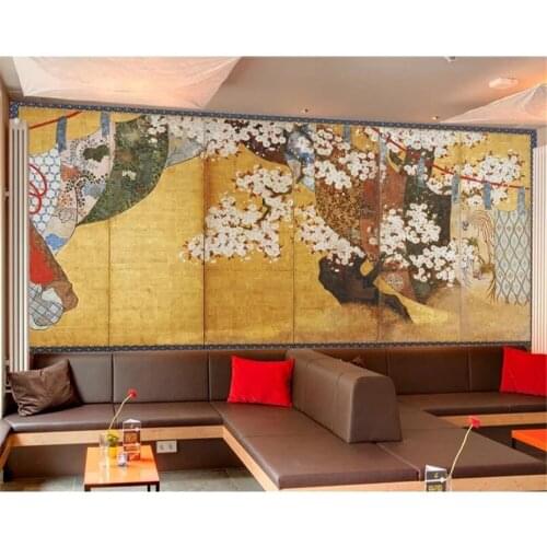 Custom 3d murals Japanese style ukiyo-e cherry blossom hand-painted six screen oil painting Self Adhesive wallpaper Waterproof
