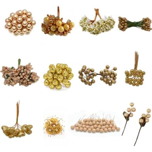 Wedding Decoration Gold Artificial Flower Cherry Stamen Berries DIY Flower Wreaths Decorative Cake Gift Box Wedding Party Decor