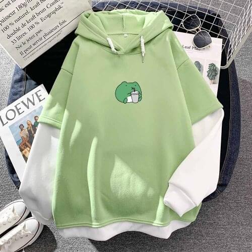 Sweatshirts for Teen Girls Frog Drinking Kawaii Clothes Oversized Pullovers Female Streetwear Hoodie Harajuku Green Top Women