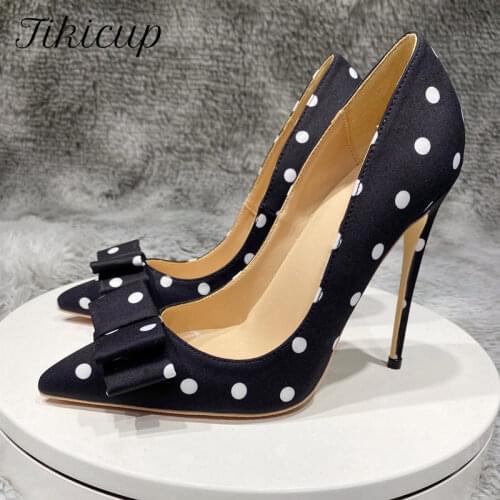 Tikicup Polka Dot Women Black Satin Stiletto High Heels with Bowknot Chic Ladies Designer Dress Shoes Pointed Toe Silk Pumps
