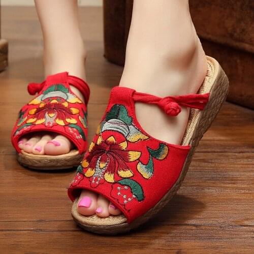Floral Embroidered Women Canvas Slides Comfortable Peep Toe Slippers Retro Style Elegant Ladies Summer Shoes