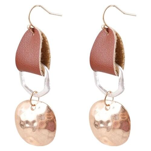 Geometric Zinc Alloy Dangle Drop Earrings Hammered Circle Alloy Leather Drop Earrings for Women