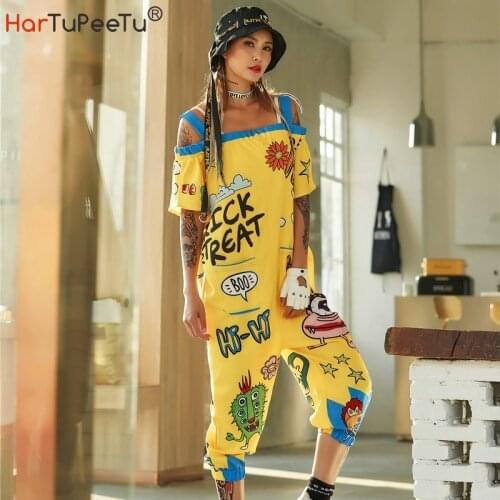Hip Hop Jumpsuit Women for Coast Summer Overalls Plus Size Loose Harajuku Cute Cartoon Print Drop Crotch Casual Baggy Bib Pants
