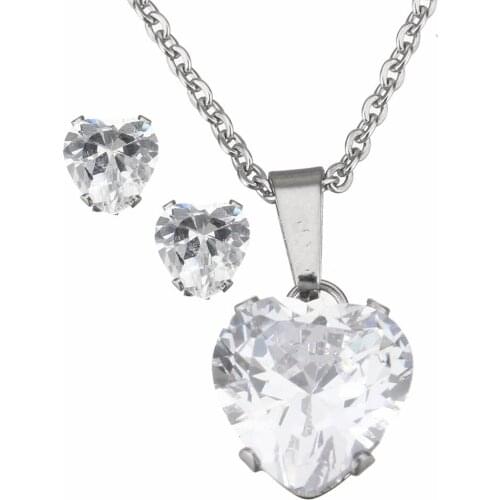 2017 Fashion Stainless Steel Jewelry Sets Stud Earring & Necklace Heart Cubic Zirconia CZ Pendant Necklace For Women Wedding
