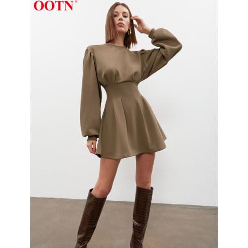 OOTN Brown Jersey O-Neck Tunic Dress Women A-Line Long Sleeve High Waist Zipper Female Clothing Slim Pleated Mini Autumn New
