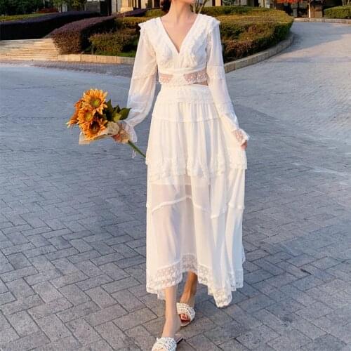 Women Summer Chiffon Long Sleeve Dress Sexy Hollow out Bandage Back Ruched White Fairy Ladies Fashion Beach Holiday Dresses