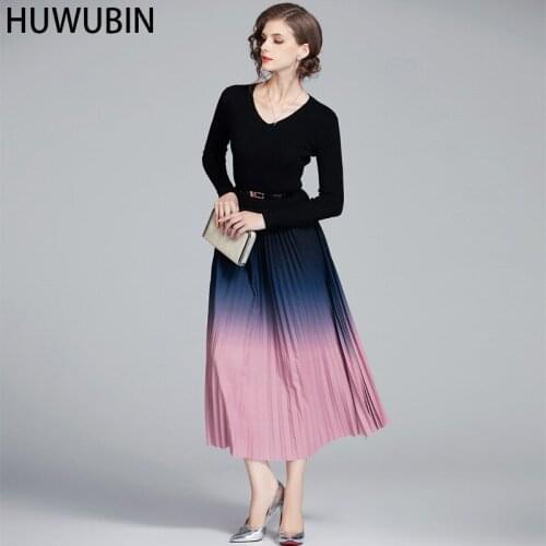 2021 Elegant Knitted Patchwork Gradient Pink Pleated Dress Women Long Sleeve Office One-Piece Sweater Dress With Belt