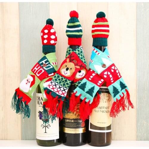 1Set Scarf&Hat Knitted Red Wine Bottle Decoration Novelty Scarf Bear Tassel Santa Claus Hat For Christmas Decorations
