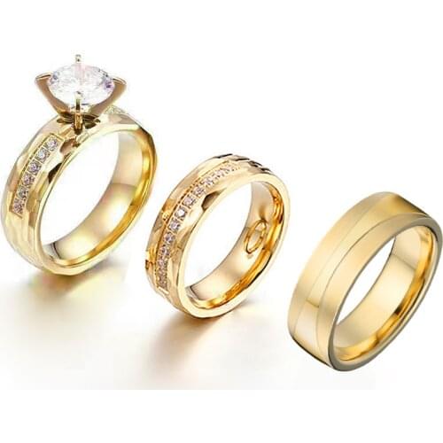 Proposal Wedding Engagement Rings Set for Couples Men and Women Luxury Golden 3pcs Lovers Alliance Promise Ring Marriage