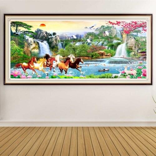5D DIY Diamond Painting Eight Horse Full Round Square Drill Cross Stitch Kits Landscape Waterfall Diamond Mosaic Home Decor Gift