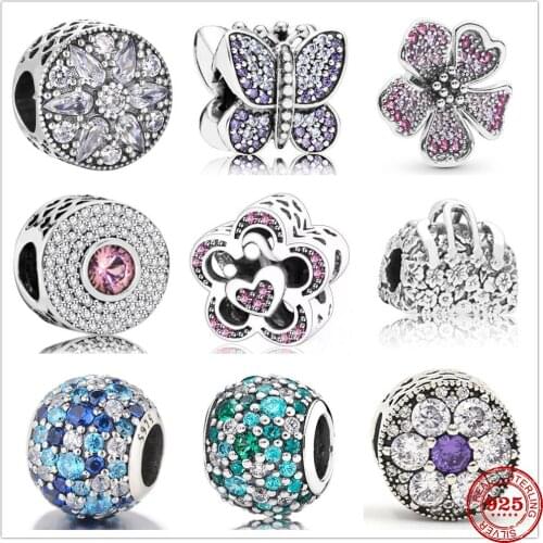 Fit Original Pandora Charms Bracelet 925 Sterling Silver Zircon Butterfly love flower charm bead DIY Jewelry Making Berloque