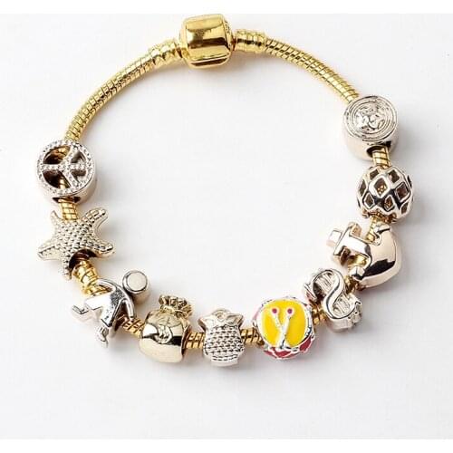 PanjiaNew Alloy Tropical Ocean Beaded Bracelet Woman Anchor Money Bag Dollar Big Hole Beaded Jewelry Valentines Day Couple Gift