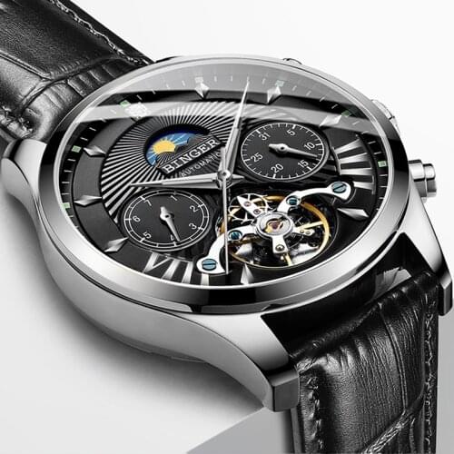BINGER 5 Hands Tourbillion Fashion Wave Dial Design Multi Function Display Men Watches Top Brand Luxury Automatic Watch Cloc