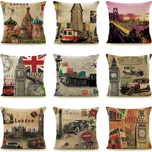 LONDON PARIS Scenic Cushion Cover for Sofa Car Chairs Home Decorative Pillows Vintage Euro Style Square 45x45cm Pillow Covers