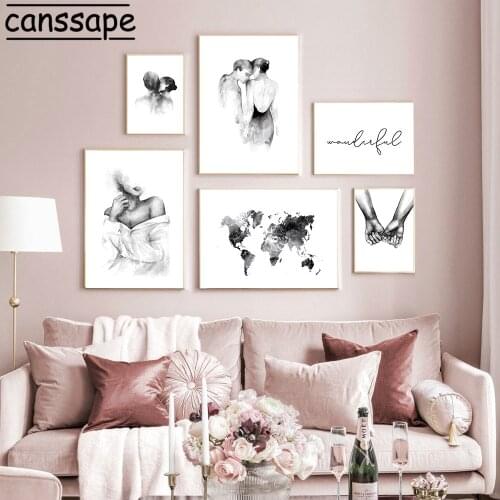 Black And White Canvas Poster Couples Kiss Prints Ink Paintings Modern Wall Posters World Map Pictures Nordic Home Decoration