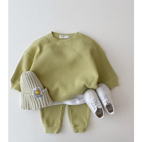 2021 Winter Korean Baby Cotton Kintting Clothing Sets Kids Boys Girls Loose Tracksuit Pullovers Tops+Pants 2PCS Sets Clothes