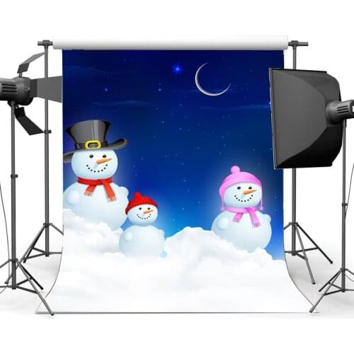 Photography Backdrop Christmas Snowman Cartoon Heavy Snow Bokeh Halos Shining Moon Starry Night Winter Background