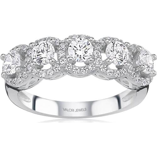 Valori Jewels 1 Carat, Zirconia White Round Gemstone, Rhodium Plated, Five Stone Ring