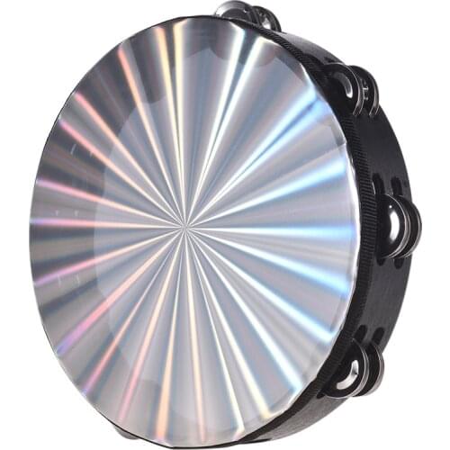 Hot 8"/ 10" Wooden Radiant Tambourine Handbell Hand Drum with Double Row Jingles Reflective Drum Head Percussion Instrument Toy