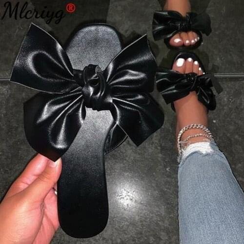 Mlcriyg 2021 Summer New Womens Flat Sandals Fashion Open Toe Bow Slippers Outdoor Beach Shoes Solid Color Leisure Plus Size 43