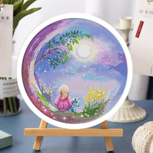 Cross stich embroidery set Boy and girl under the moon and starry sky Kids room decoration painting вышивка крестиком набор