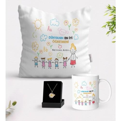 Personalized World Best Teacher White Mug Cushion and Is Daisy Necklace Gift Seti-25