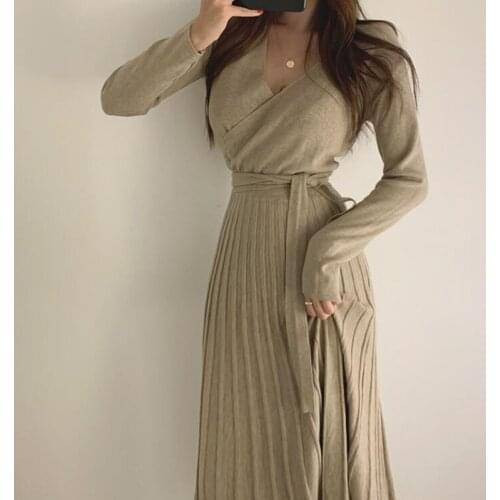 ZAWFL Autumn Slim Fit Elegant Knitted Dress Women Solid Color High Waist Lace Up V-Neck Long Sleeve Dresses Korean Fashion Robe