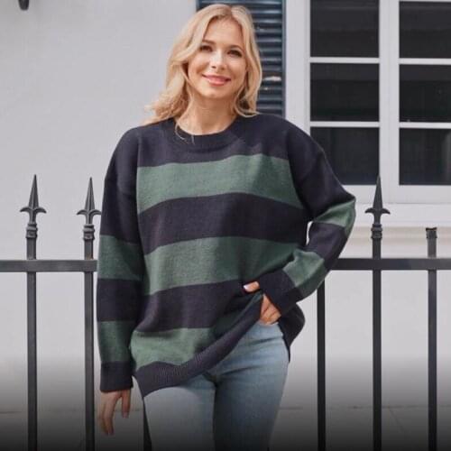 Casual Striped Sweater Women Chic Knitted Sweater Vintage Loose Pullover O Neck Women Jumper Long Sleeve Pull Femme 2021